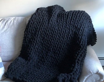 Black Chunky Knit Blanket, Throw Blanket, Small to Large Sizes and Free Shipping