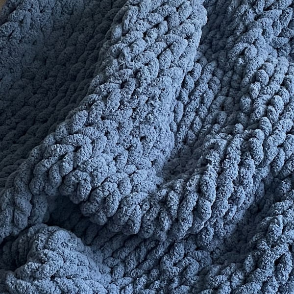 Blue Chunky Knit Blanket, Throw Blanket, Small to Large Sizes and Free Shipping