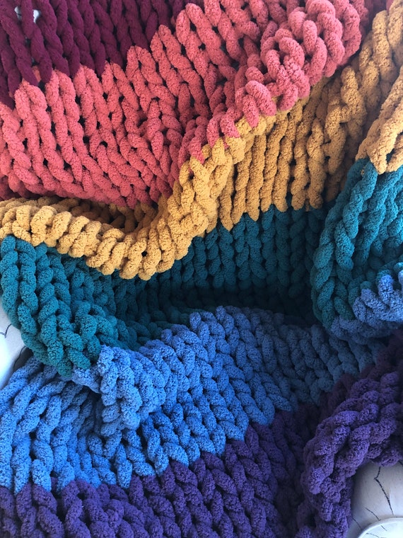 Rainbow Pattern Chunky Knit Blanket Etsy Canada
