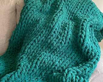 Emerald Green Chunky Knit Blanket, Throw Blanket, Small to Large Sizes and Free Shipping