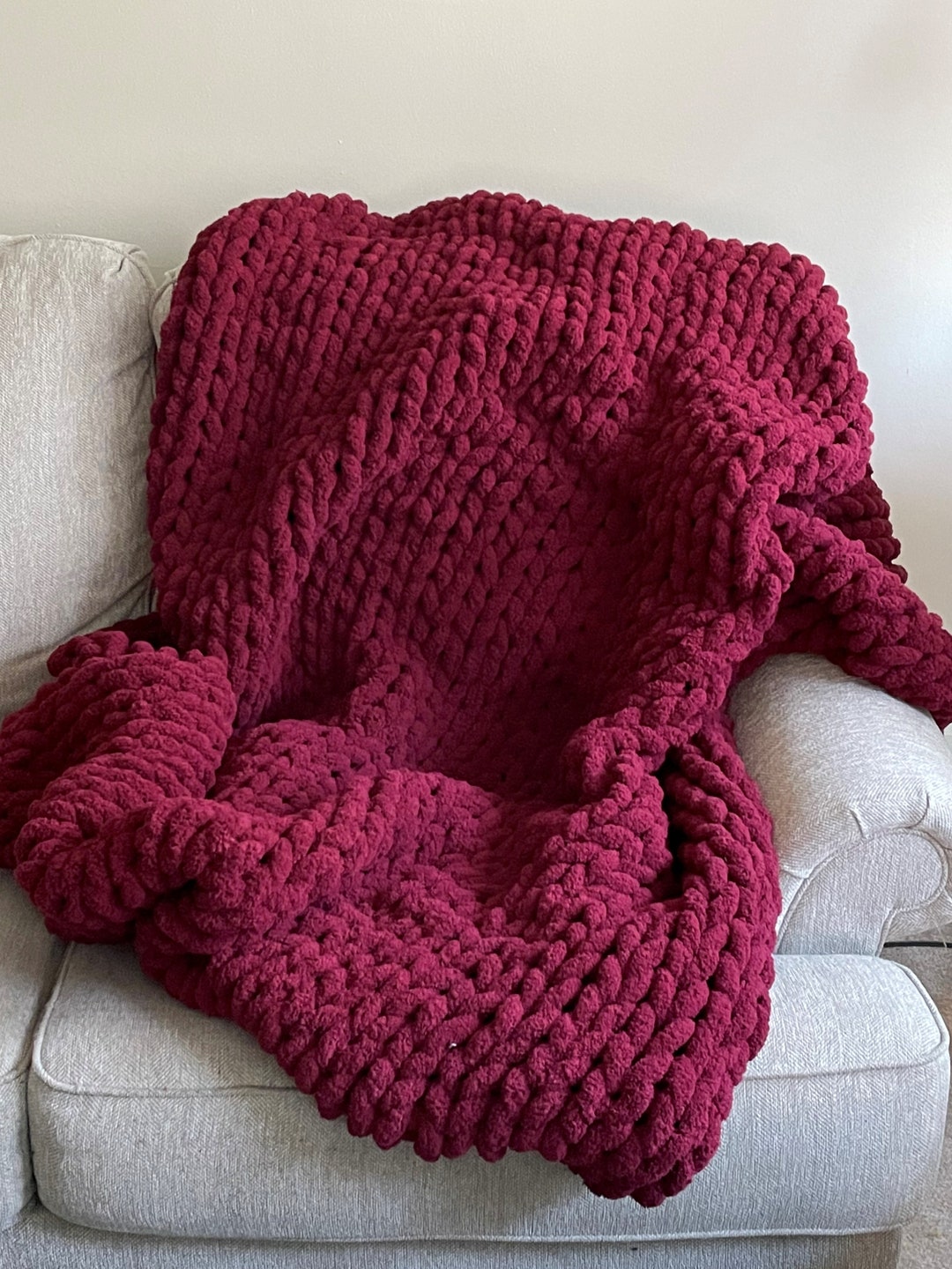 Burgundy Red Chunky Knit Blanket Throw Blanket Small to Large Sizes