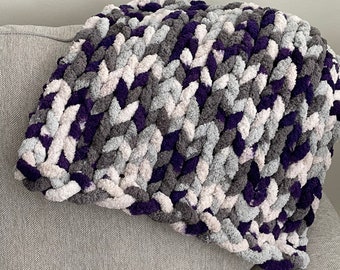 Multicolor Dark Purple Chunky Blanket, chunky knit throw, soft Chenille chunky blanket and throw, Couch throw, handmade