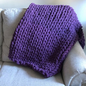Handmade Purple Chunky Knit Blanket: Soft Chenille Throw
