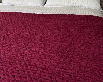Burgundy Red Chunky Knit Blanket, Throw Blanket, Small to Large Sizes and Free Shipping