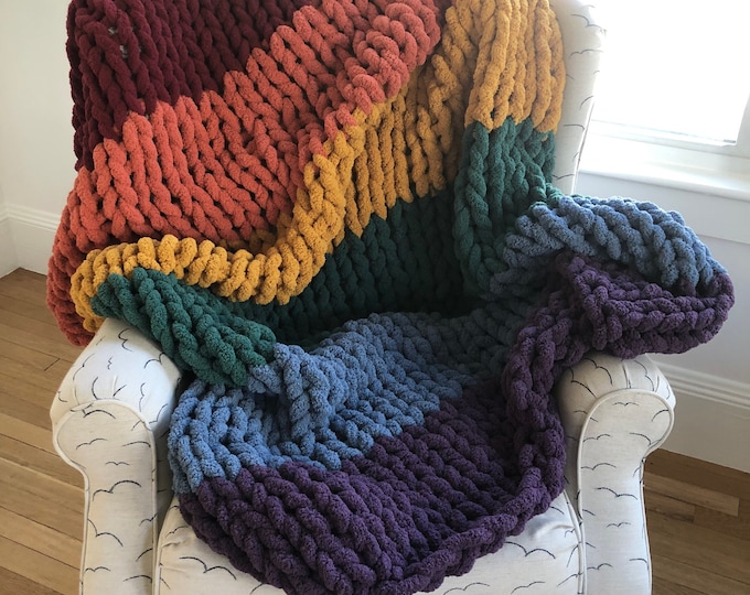 Rainbow Chunky Knit Blanket, Rich Multi Colored Soft Chenille Throw
