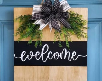 square wooden welcome door hanger sign