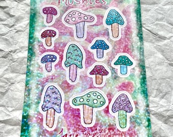 Glitter Mushroom Sticker Sheet: Cottagecore Fungi Art, Waterproof Vinyl