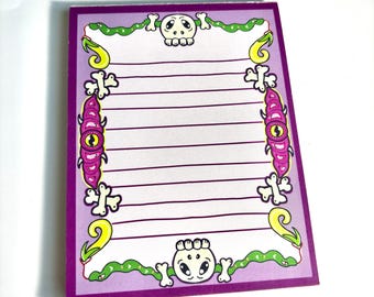 Bloco de notas com caveira assustadora, artigos de papelaria com arte original.