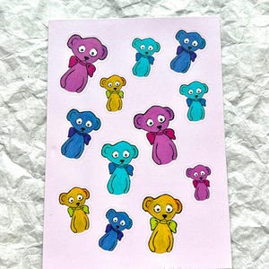Colorful Teddy Bear Sticker Sheet – Whimsical Hand-Painted Bears, Matte Finish, Original Art Stickers