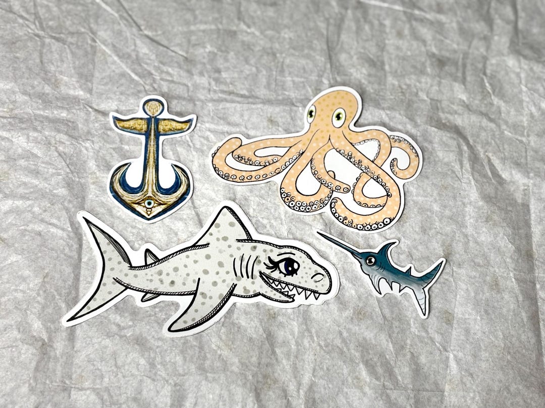 Hand Drawn Ocean Creature Sticker Pack: Nautical Vinyl Decals - Etsy