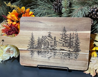 Water Mill Cutting Board, Rustic Kitchen Home Decor, Country Living Farmhouse Decorations, Cabin Home Decor, Mountain Countryside Art
