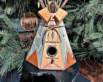 Rustic Tipi Birdhouse Sioux, Native American Art, Indigenous Home Decor, Lakota Rustic Outdoor Decorations, Unique Birdhouse Garden Artwork