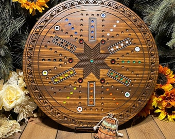 Heirloom Aggravation Board Game- Lakota Star Quilt, Wahoo and Carbles Game, Quality Decorative Wooden Family Board Game, Ice fishing Games