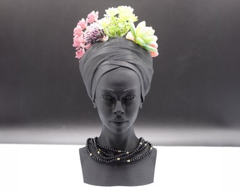 Afrocentric Woman Face Planter - Desk Planter, African Bust, Cozy Room Decor, Black Flower Planter, paintable figures