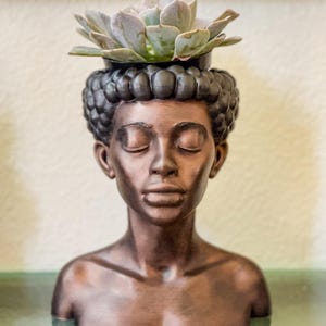 May include: A bronze-colored bust planter with a succulent plant growing in the top. The bust has a closed-eye expression and a detailed hairstyle.