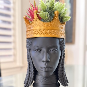 May include: A black planter shaped like a woman's head with braided hair, wearing a gold crown. The crown is decorated with a geometric pattern. The planter is filled with green and red plants.