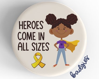 Heroes Come In All Sizes badgie, badge reel cover, pediatric oncology nurse gift, childhood cancer awareness, yellow ribbon, hematology