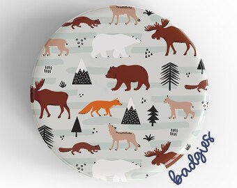 Wild Animal Pattern badgie, retractable badge reel cover, outdoor lover nurse gift, fox, bears, moose, mountains, wildlife, hiking, nature