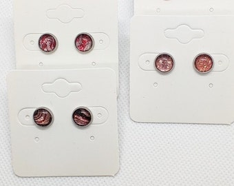 cabochon earrings Yellow mandala pattern studs stainless steel posts.