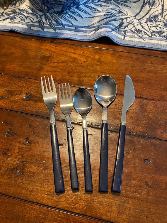 Vintage Silverware With Plastic Blue Handles Etsy