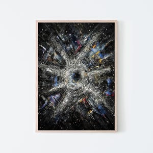 May include: A rectangular framed wall art piece featuring an abstract painting with a dark black background. A central silver starburst pattern radiates outwards with textured metallic paint strokes, accented by subtle hints of blue and gold.