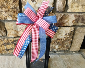 Rustic Farmhouse July 4th Wreath Bow, Primitive Red, White, and Blue Decorative Bow, July Fourth Lantern Topper, Patriotic Door Hanger Bow