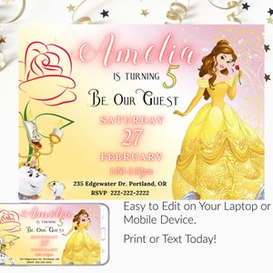 Belle Birthday Invitation, Editable Beauty and the Beast Invitation, Printable or Text 5x7, Princess Girl birthday image 2