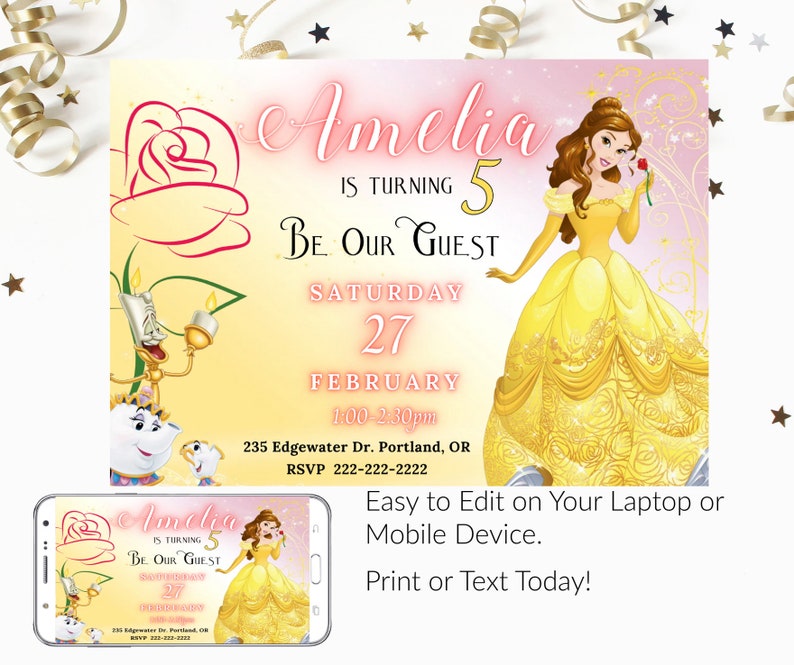 Belle Birthday Invitation, Editable Beauty and the Beast Invitation, Printable or Text 5x7, Princess Girl birthday image 2