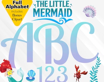 Little Mermaid Font, Little Mermaid PNG Alphabet, Ariel PNG Clipart, Little Mermaid Letters, Princess Ariel Birthday Numbers