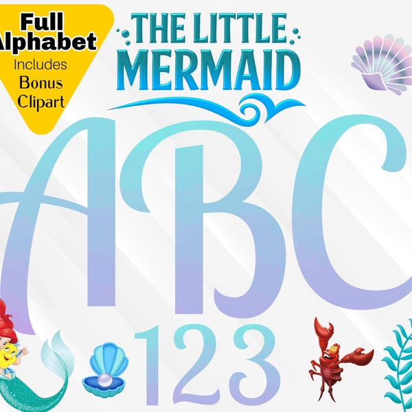 Little Mermaid Font, Little Mermaid PNG Alphabet, Ariel PNG Clipart, Little Mermaid Letters, Princess Ariel Birthday Numbers
