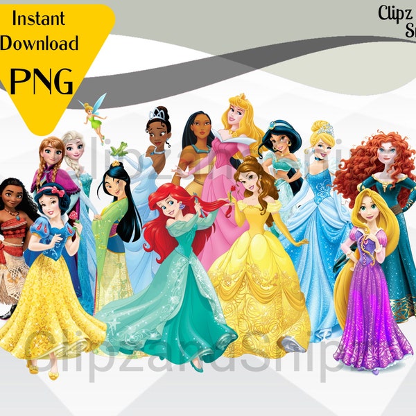 Princess PNG Clipart Instant Digital Download for iron on or print Snow White Elsa Cinderella Aurora Tiana Ariel Jasmine Rapunzel Belle
