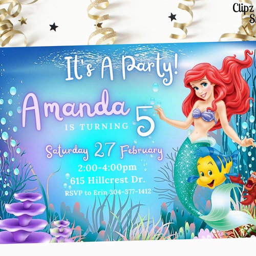 Ariel Birthday Invitation Little Mermaid Editable Template Etsy