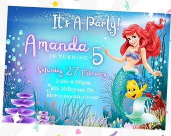 Ariel Birthday Invitation, Little Mermaid Editable Template, Little Mermaid Birthday Party, Ariel party for Print or Text 5x7 Princess Party