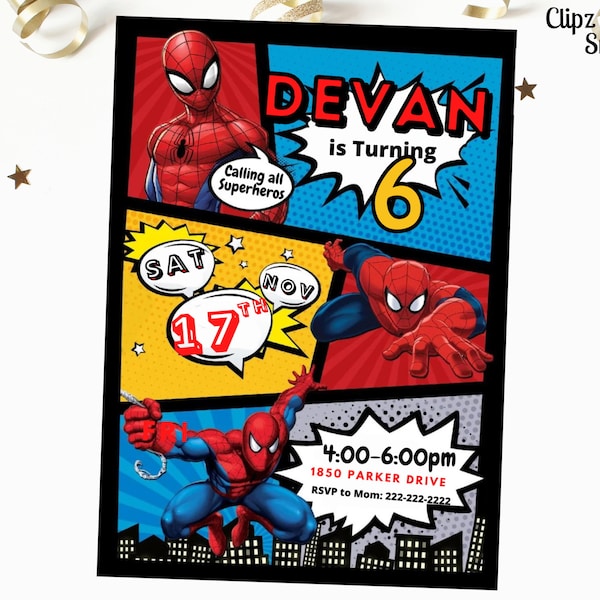 Invitation d'anniversaire Spiderman, modèle de super-héros modifiable, invitation de super-héros, invitation de fête Spiderman pour impression ou bande dessinée texte 5x7