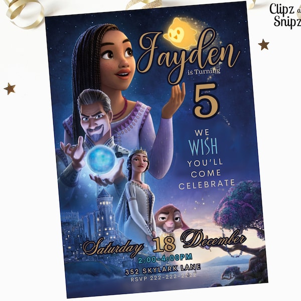 Wish Birthday Invitation, Wish Editable Template, Wish Birthday Party, Wish movie party for Print or Text 5x7 Princess Party