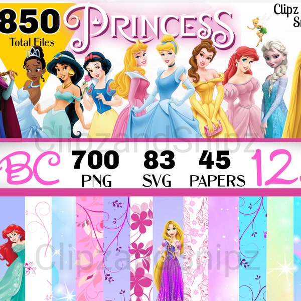 Princess Clipart, Princess SVG PNG Digital Paper, Frozen SVG, Tangled svg, Little Mermaid svg, Princess Birthday Printables