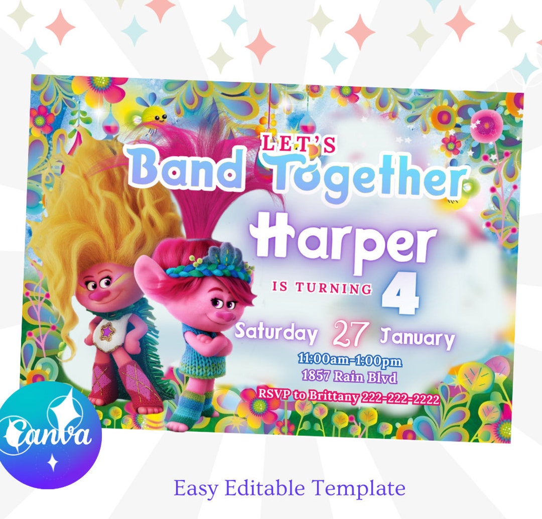 Trolls Birthday Invitation, Editable Trolls Invitation, Trolls Let's ...