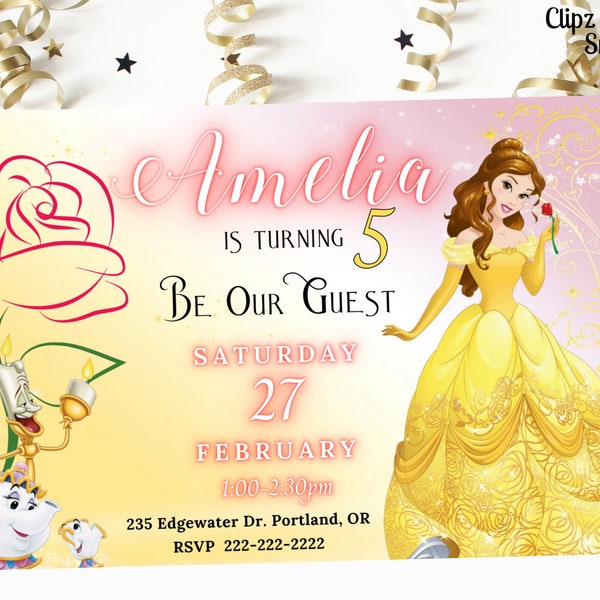 Belle Birthday Invitation, Editable Beauty and the Beast Invitation, Printable or Text 5x7, Princess Girl birthday