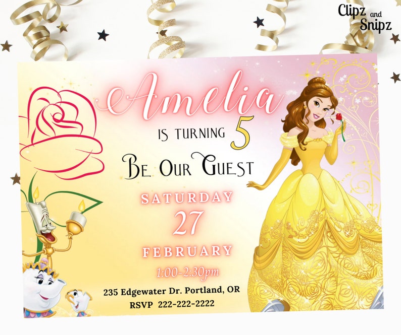 Belle Birthday Invitation, Editable Beauty and the Beast Invitation, Printable or Text 5x7, Princess Girl birthday image 1