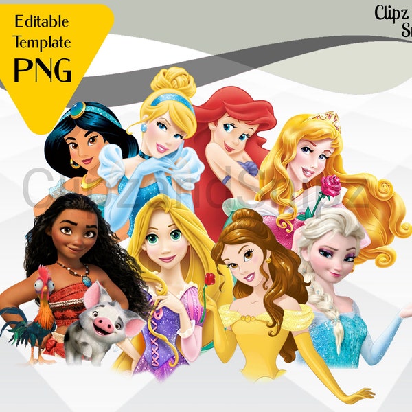 Prinses PNG Clipart Instant Digitale Download voor opstrijkbare of print Elsa Doornroosje Ariel Jasmine Tangled Rapunzel Belle
