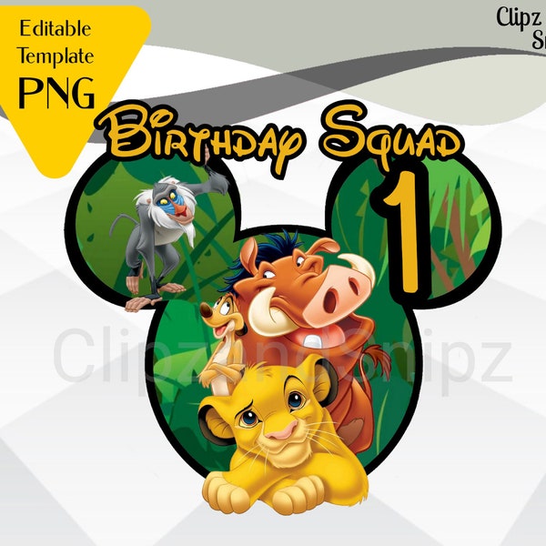 PNG personalizado del Rey León, plancha de escuadrón de cumpleaños editable, bricolaje de camisa de edad de cumpleaños, Simba Pumbaa Timone editable