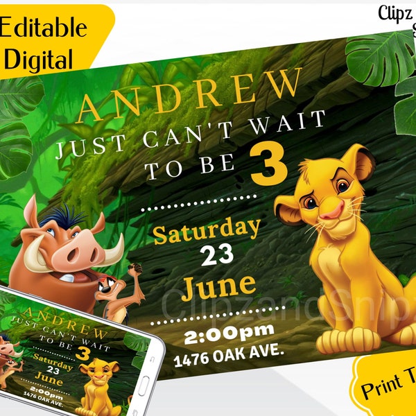 Lion King bewerkbare digitale verjaardagsuitnodiging downloaden voor print of tekst 5x7 Simba Pumbaa Timone Jungle
