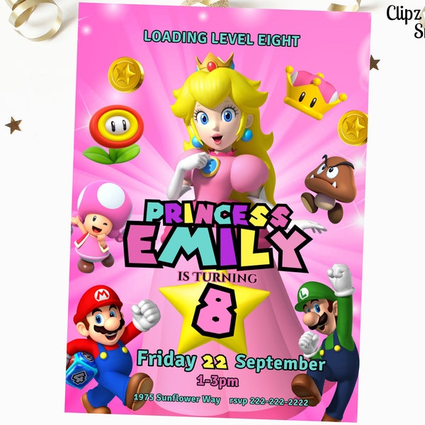 Princess Peach Birthday Invitation, Editable Mario Princess Invitation, Peach Daisy Birthday Party, Super Mario Invitation