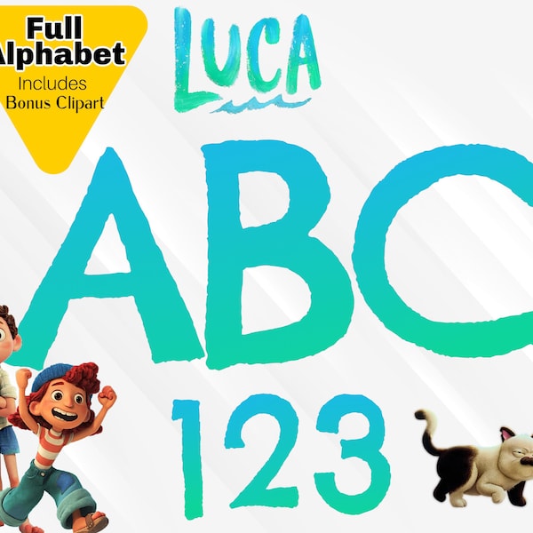 Luca Alphabet, Luca Font, Luca PNG Clipart, Luca Numbers and Letters for Invitations Birthday shirt