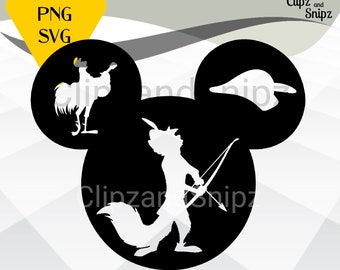 Robin des Bois Silhouette Mickey SVG PNG Clipart Instant Digital Télécharger mickey tête oreilles fer sur imprimable Cricut Fox