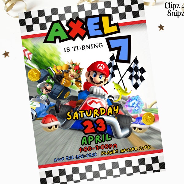 Faire-part d'anniversaire de Mario Kart, faire-part d'anniversaire de Mario Kart modifiable, invitation de Mario Kart, fête du jeu vidéo Super Mario, anniversaire de Mario