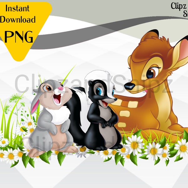 Bambi PNG Clipart Instant Digital Download for iron on or print, Bambi Thumper Flower in Forest Image for Sublimation shirts tumblers