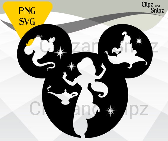 Aladdin SVG and PNG Clipart Jasmine Instant Digital Download mickey head  iron on print Cricut compatible Genie Magic Carpet Lamp