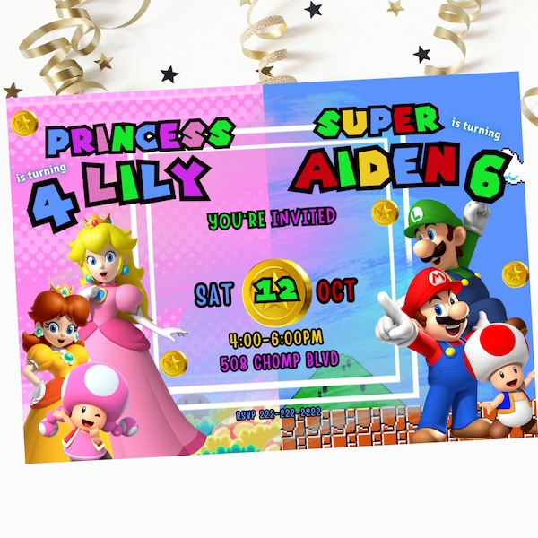 Invitación de cumpleaños de Mario Princess Peach, invitación de cumpleaños de hermano, cumpleaños de dos temas, cumpleaños de Peach Daisy Luigi Mario, invitación de niño niña