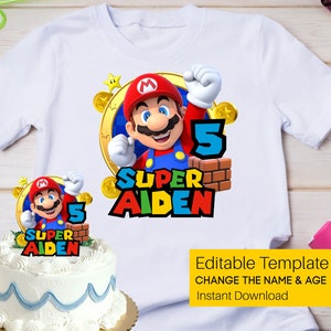 PNG de cumpleaños de Super Mario editable, nombre de Mario personalizado PNG, edad de cumpleaños de Mario, nombre de cumpleaños de Mario, camisa personalizada de Mario, PNG de Mario